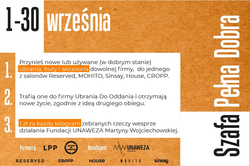 Baner z informacjami tekstowymi na temat przebiegu akcji Ubrania do Oddania