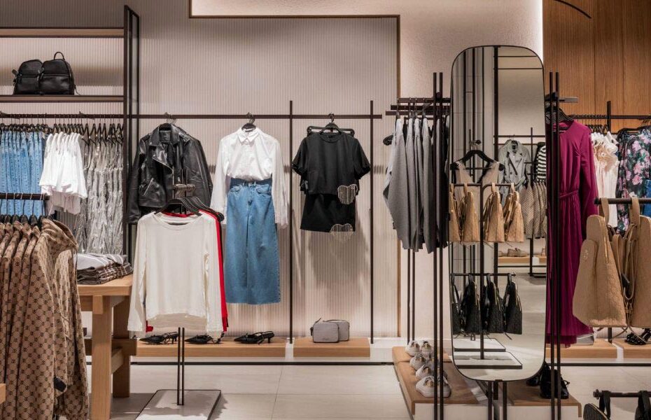 Clothing store interior with racks of dresses, tops, and skirts, shelves of bags, and a large mirror on the wall.