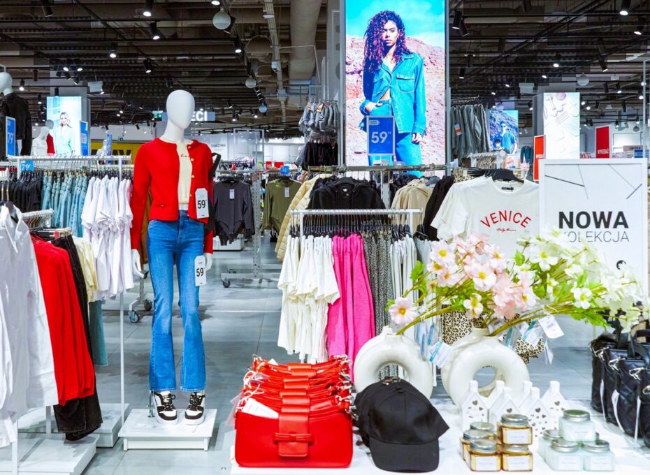 Inside a large fashion store with mannequins, racks of clothes, and bright digital ads in the background.