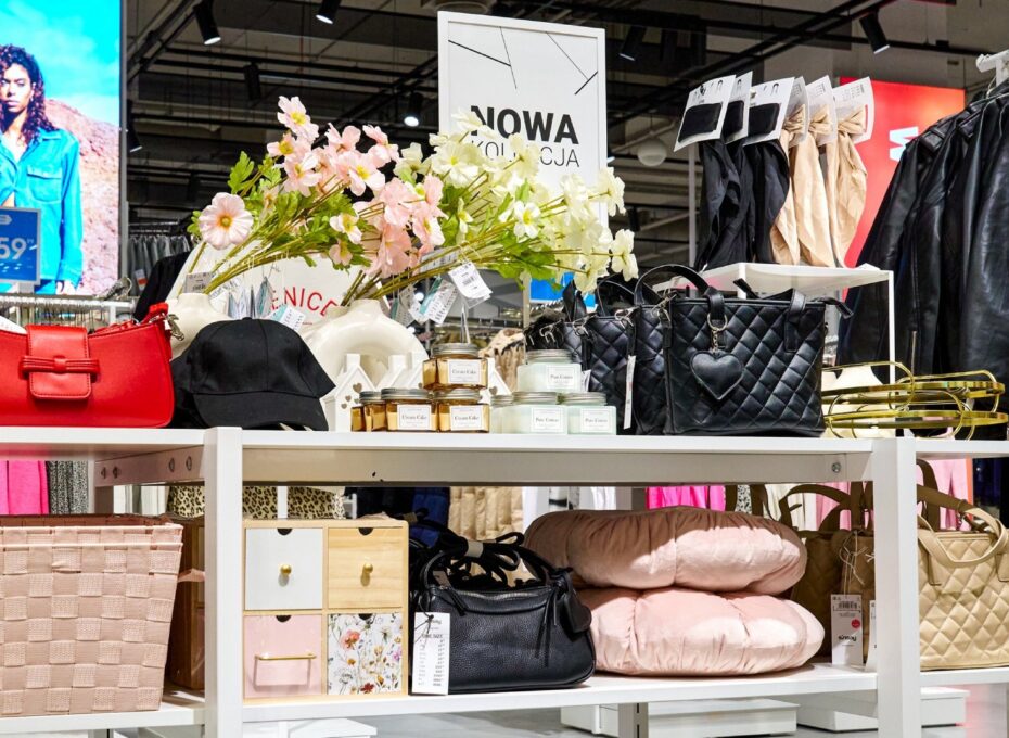 Display table in a clothing store with red and black handbags, pink flowers, and jars of candles on shelves above.