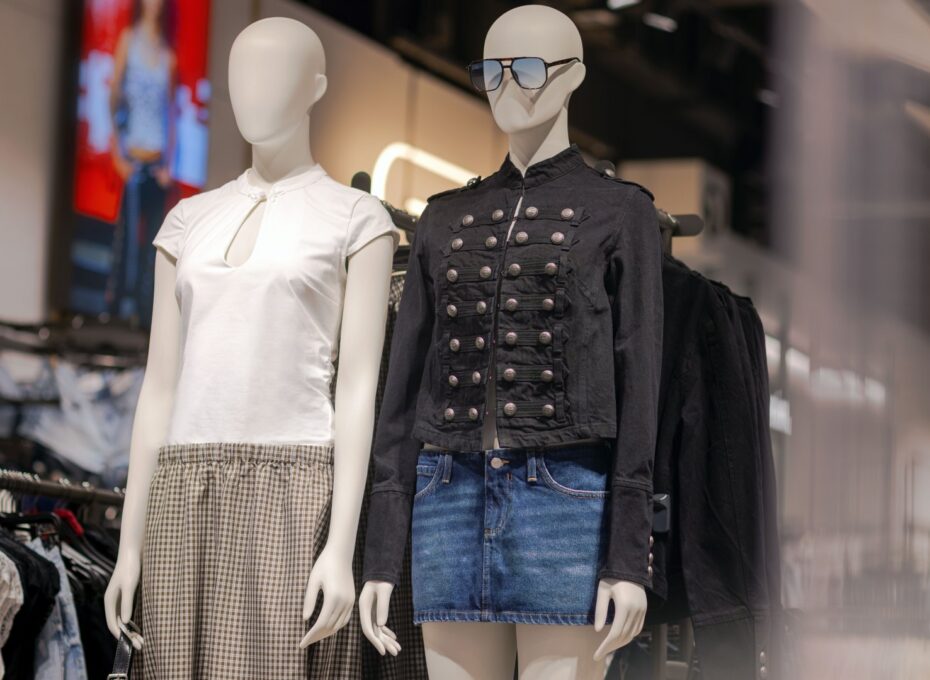 Mannequins in a clothing store window wearing outfits: white top with plaid skirt beside a black studded jacket and denim skirt, sunglasses on one mannequin.
