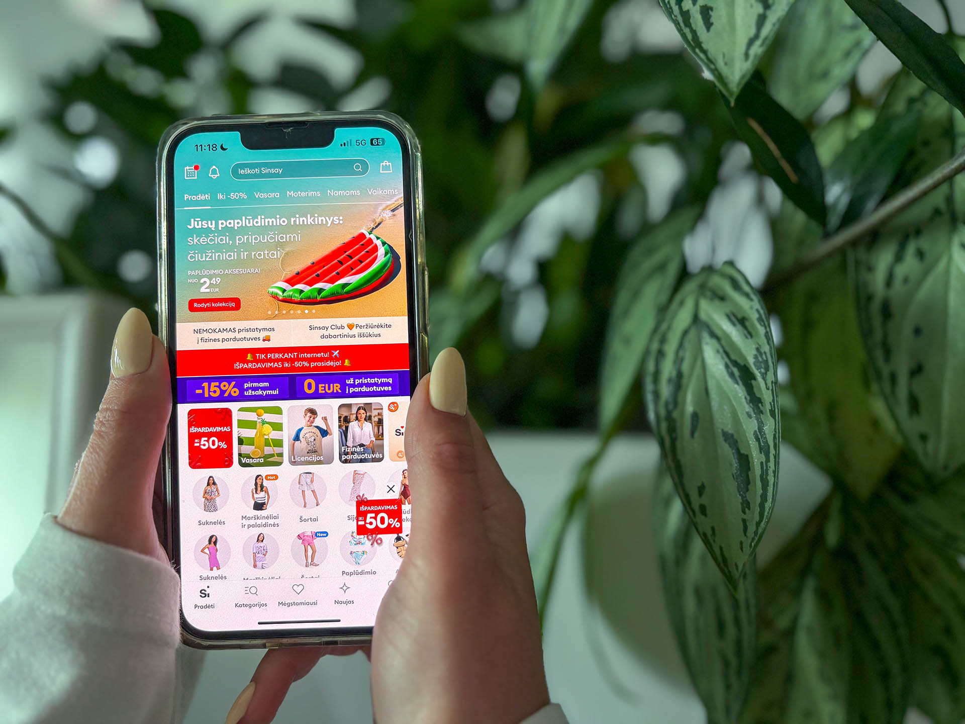 Hand holding a smartphone with a shopping app open, showing banners and category icons in bright colors with a plant in the background.